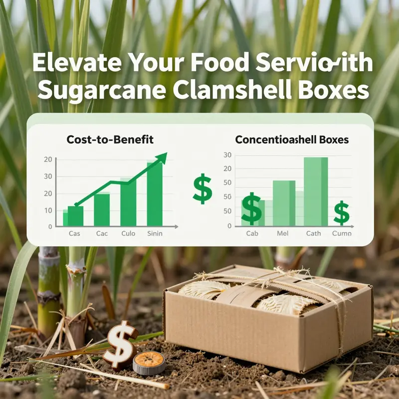 Sugarcane clamshell boxes displayed with fresh food items emphasizing their eco-friendly nature.