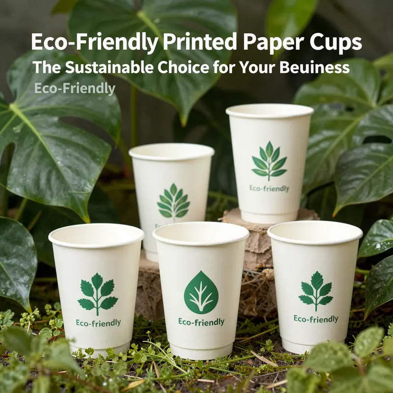 Eco-friendly printed paper cups surrounded by greenery, illustrating their role in sustainability.