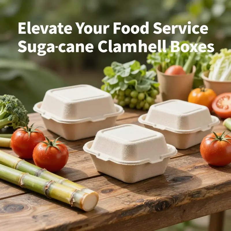 Sugarcane clamshell boxes displayed with fresh food items emphasizing their eco-friendly nature.