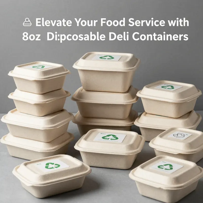 Assorted 8oz disposable deli containers filled with various food items, highlighting their key features and benefits.