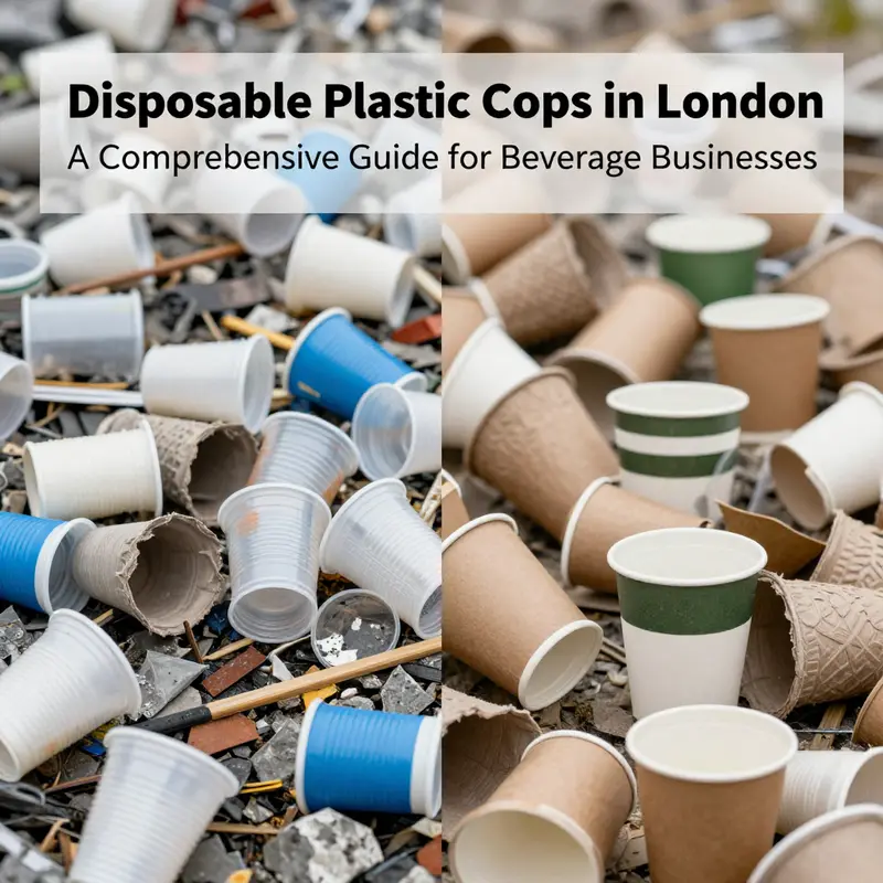 A colorful array of disposable plastic cups in a London café, highlighting their market presence.