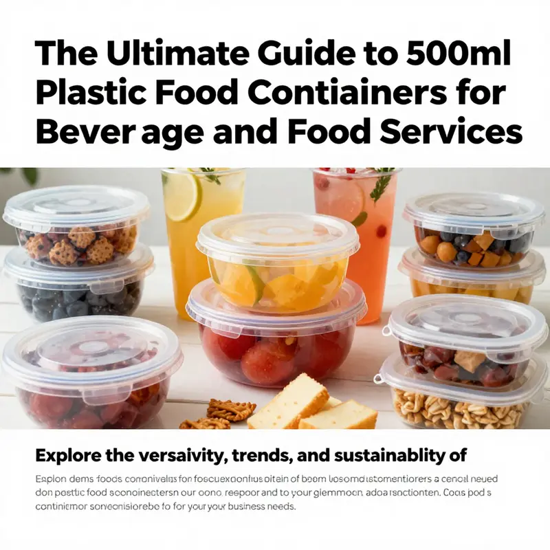 An artistic display of 500ml plastic food containers filled with various snacks and drinks, emphasizing their use in food service.