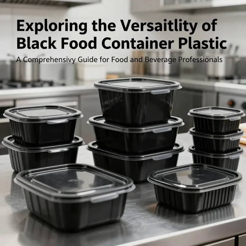A collection of black plastic food containers arranged in a professional kitchen environment.