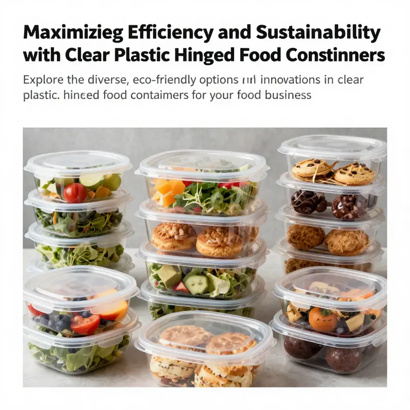 An array of clear plastic hinged food containers displaying a variety of foods, emphasizing their use in the food service industry.