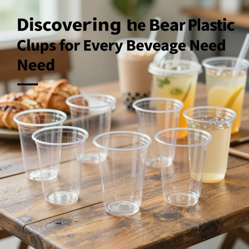 A beautifully arranged selection of high-quality clear plastic cups set against a blurred food backdrop.
