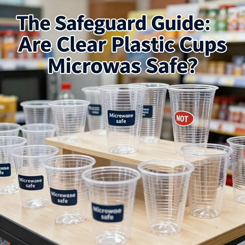 An array of clear plastic cups in a commercial setting, showcasing safety labels.