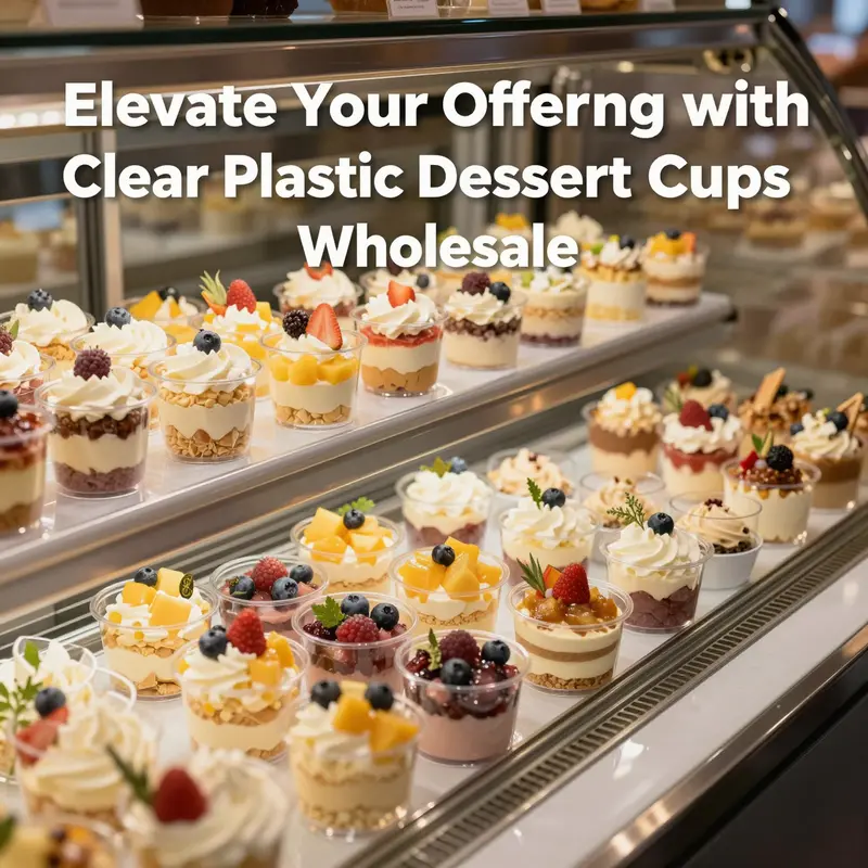 A beautiful display of desserts in clear plastic cups with garnishes, showcasing their functionality and aesthetic in a food service context.