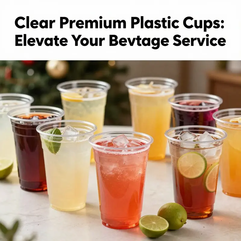 A collection of clear premium plastic cups filled with colorful beverages at an event setting.