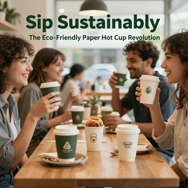 A bustling cafe scene featuring happy patrons with eco-friendly paper hot cups, showcasing the popularity of sustainable beverage options.