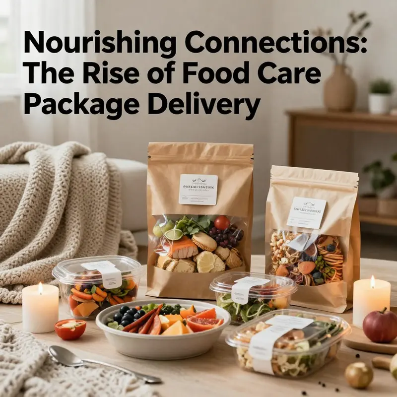 An inviting scene of gourmet food care packages elegantly arranged with warm home accessories.