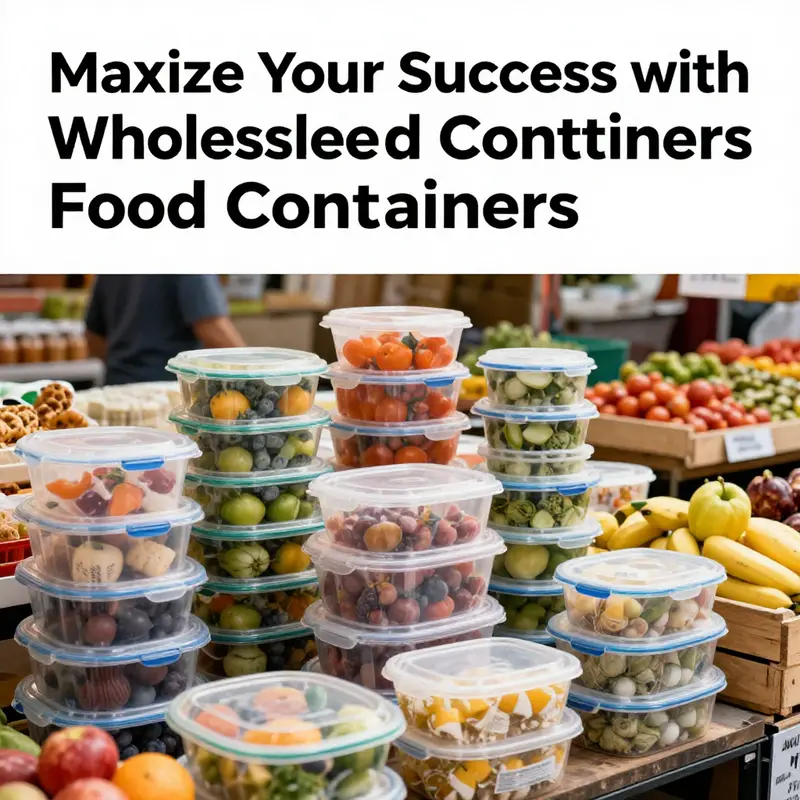 An assortment of plastic food containers in various designs arranged in a lively food market setting.