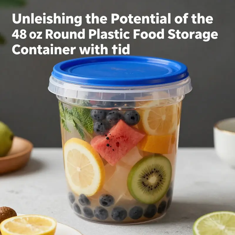 The 48 oz round plastic food storage container with a blue lid filled with colorful ingredients, representing its use in the food service industry.