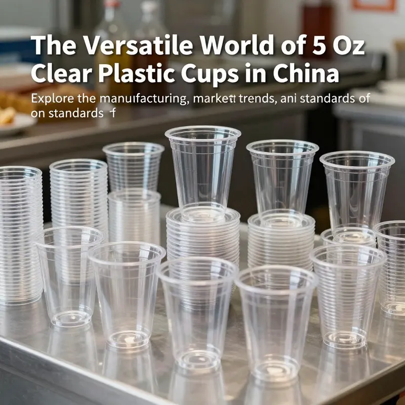 Artistic display of different 5 oz clear plastic cups in a catering setting.