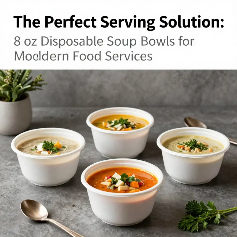 An array of 8 oz disposable soup bowls filled with colorful soups presented on a stylish dining table.