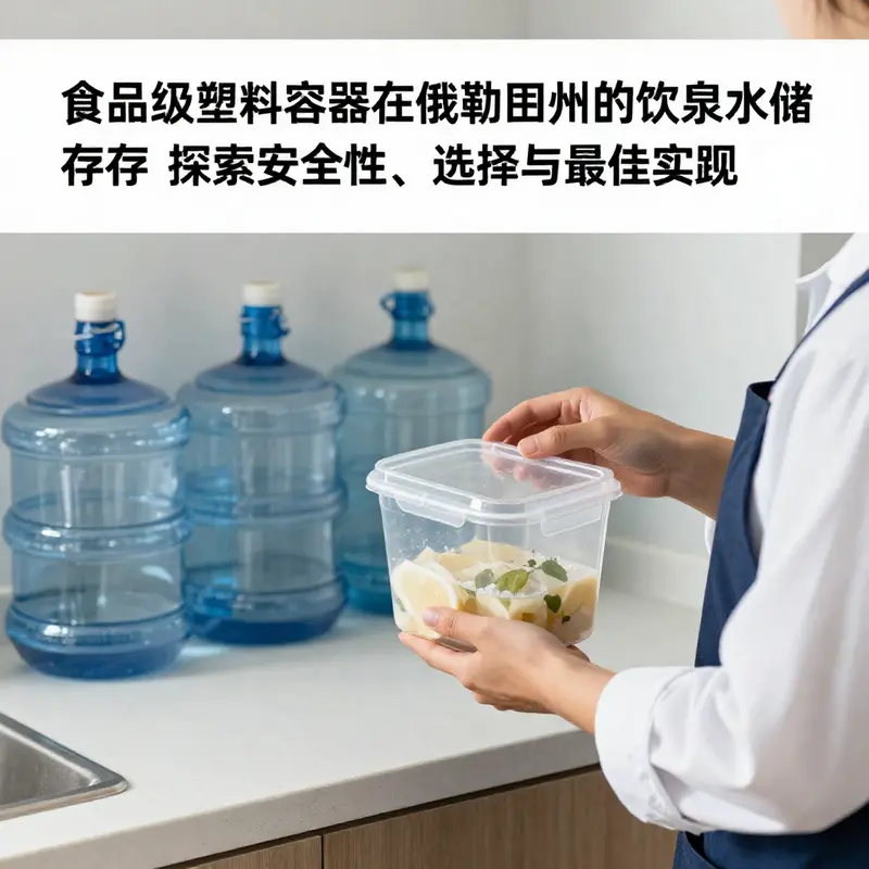 一位厨师在现代厨房中展示食品级塑料容器，为饮用水储存提供安全保证。