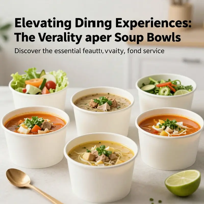 A vibrant assortment of disposable paper soup bowls filled with soups and salads, emphasizing their versatility.
