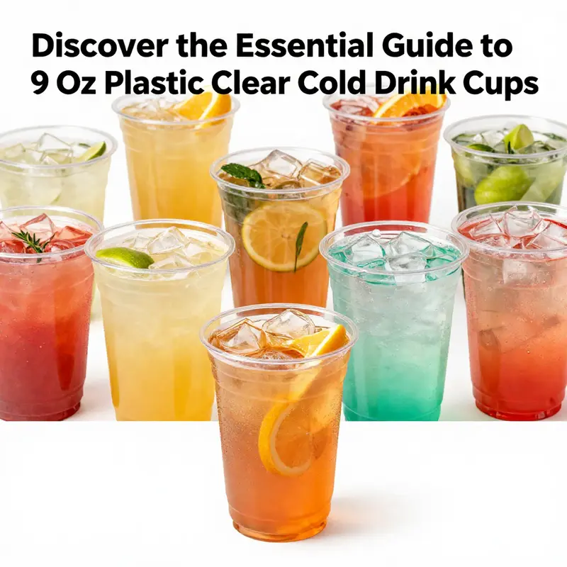 A colorful collection of 9 oz plastic clear cold drink cups showcasing various beverages, emphasizing their appeal in food service.