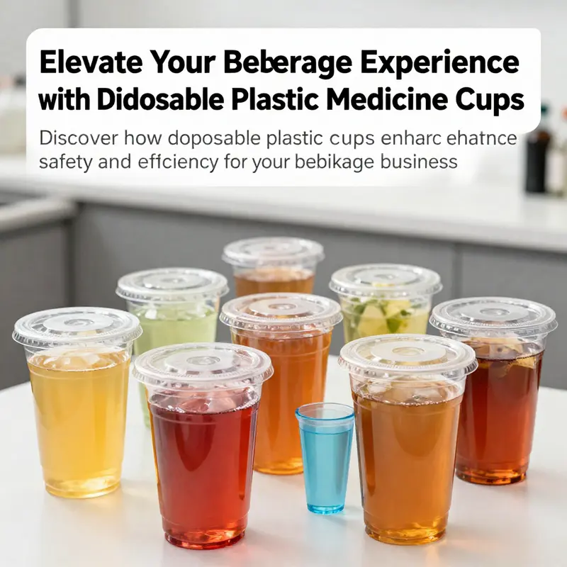 Diverse disposable plastic medicine cups filled with colorful beverages, showcasing their utility and appeal in a beverage service environment.