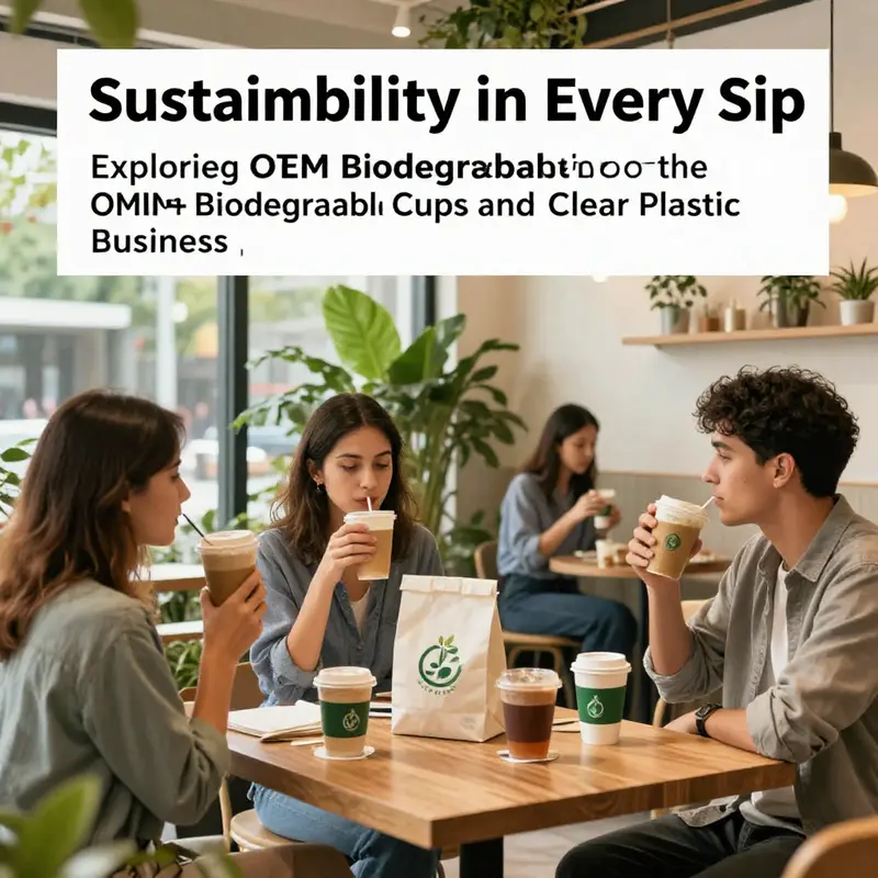 Customers enjoying beverages in a vibrant café that utilizes biodegradable cups and bags, reflecting a commitment to sustainability.