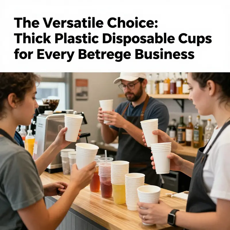 Staff members in a lively juice shop utilizing thick plastic disposable cups for customer drinks, showcasing versatility.