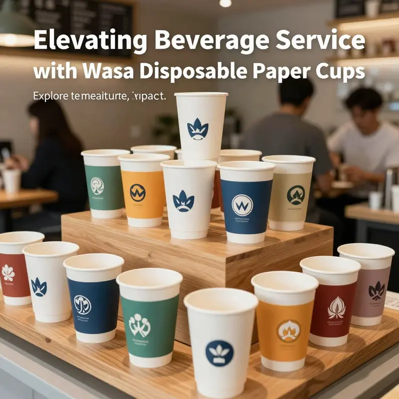 A collection of Wasa disposable paper cups with appealing designs at a café, showcasing their role in beverage presentation.