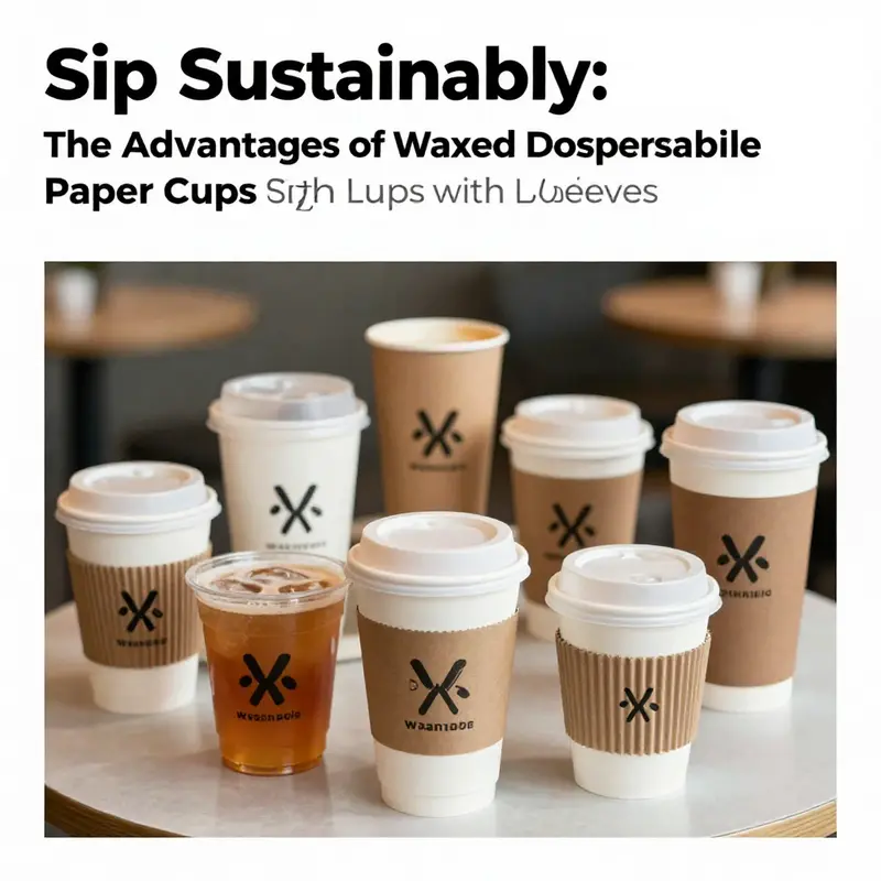 An elegant arrangement of waxed disposable paper cups designed for hot beverages, showcasing their lids and sleeves in a cozy café setting.