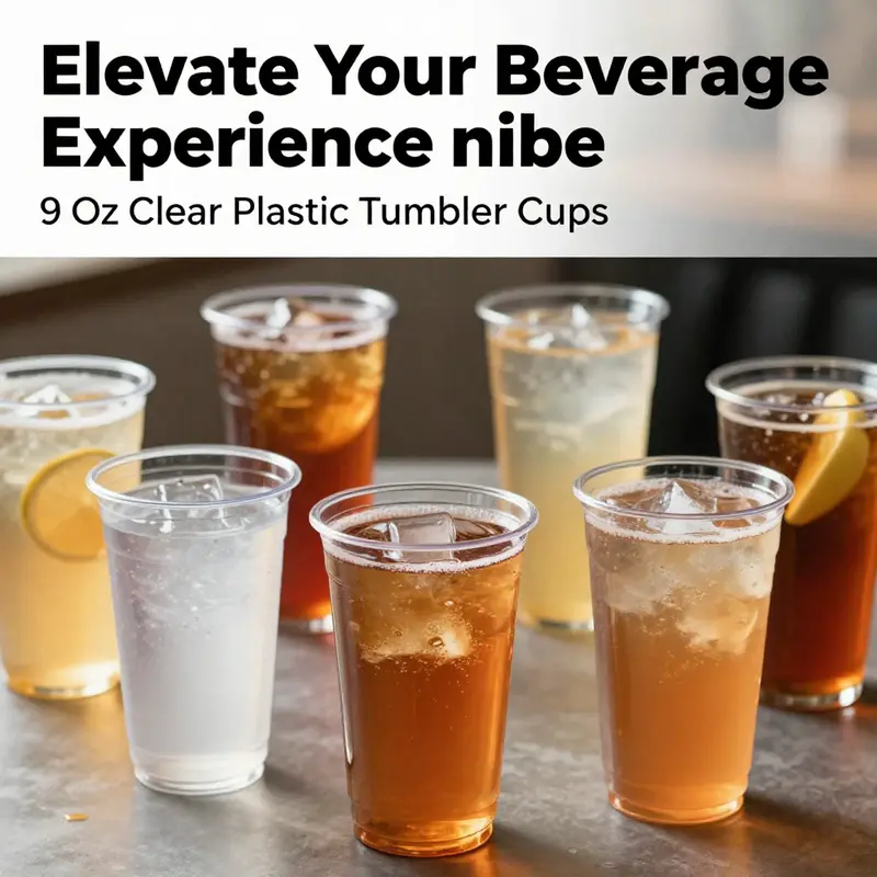 A colorful collection of 9 oz clear plastic tumbler cups filled with refreshing cold beverages, ideal for various occasions.