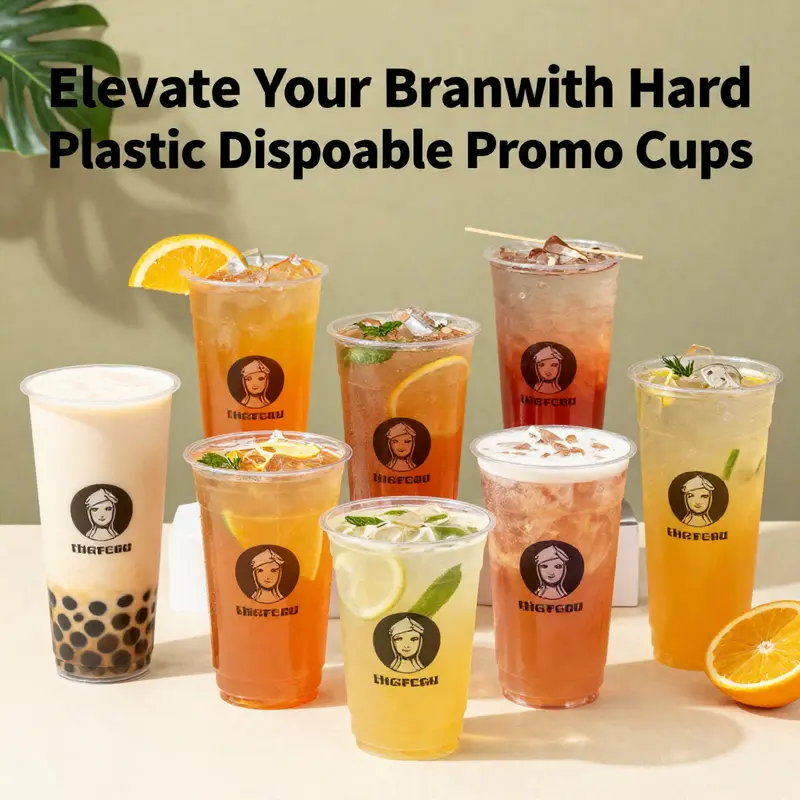 A colorful assortment of hard plastic disposable promo cups filled with various beverages, emphasizing their branding capabilities.