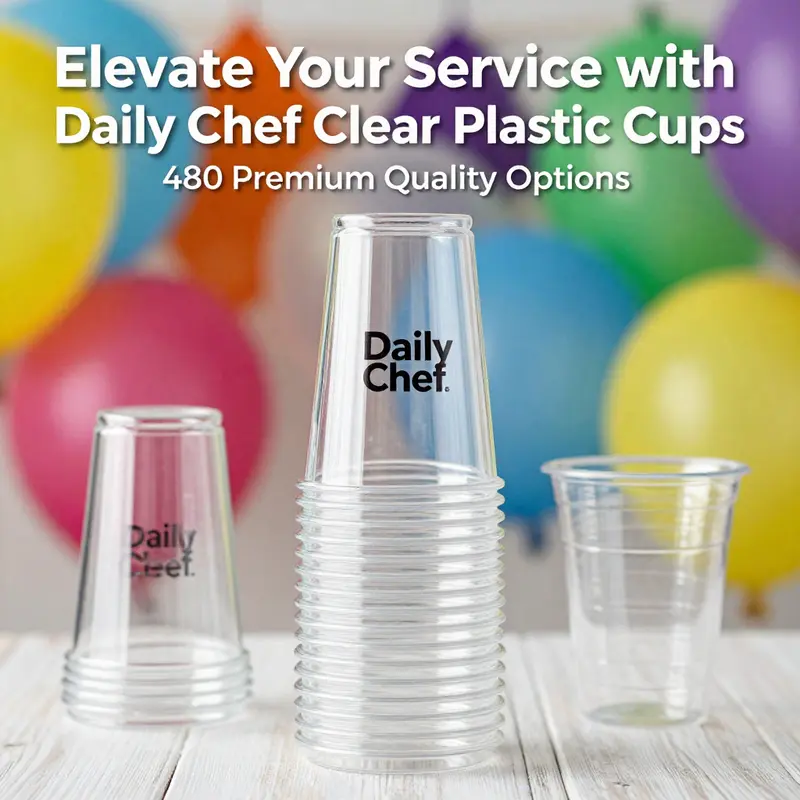 Daily Chef Clear Plastic Cups highlight their shatter-resistant design, perfect for vibrant events.