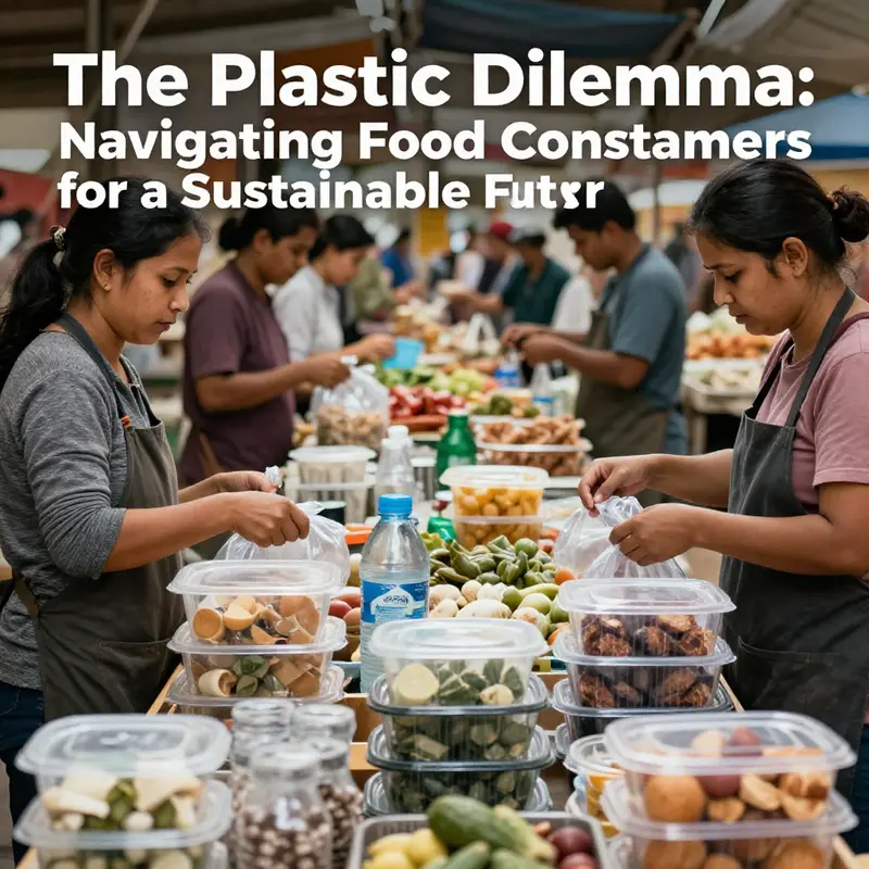 A busy food market with vendors offering food in various types of packaging, illustrating the contrast between traditional plastic and sustainable options.
