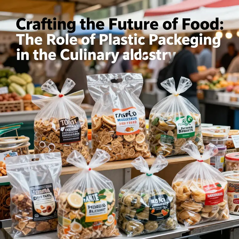 Various colorful food packaging plastic bags displayed in a vibrant food market setting.