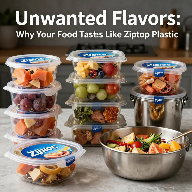 Image showcasing food in Ziploc containers alongside glass and stainless steel containers, emphasizing differences in flavor integrity.