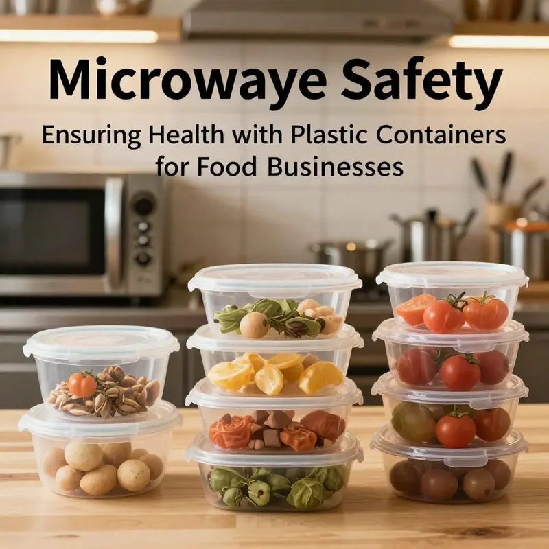 A well-organized food service kitchen displaying different types of plastic food containers suitable for microwave use.