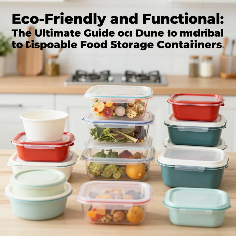 A colorful assortment of disposable food storage containers designed for different food types arranged in a bright kitchen setting.