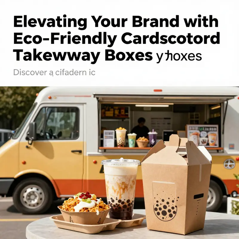 A colorful food truck and bubble tea shop using cardboard takeaway boxes, illustrating their commitment to sustainability.
