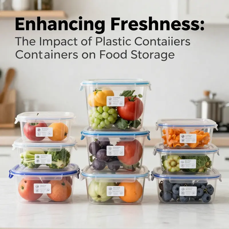 An assortment of food-grade plastic containers demonstrating safety certifications and fresh produce storage.