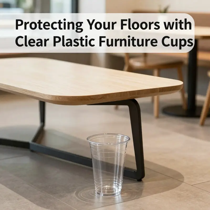 Clear plastic furniture cups in action, protecting floors from scratches in a modern cafe.