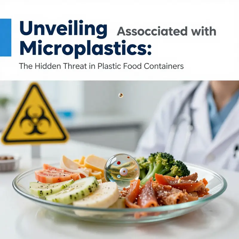 Illustration of microplastics releasing from plastic containers into food.