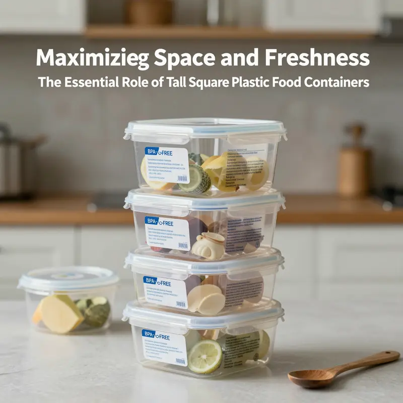 Illustration of the stackable design and clarity of tall square plastic food containers.