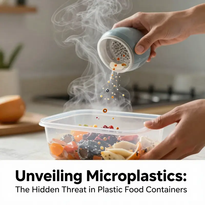 Illustration of microplastics releasing from plastic containers into food.