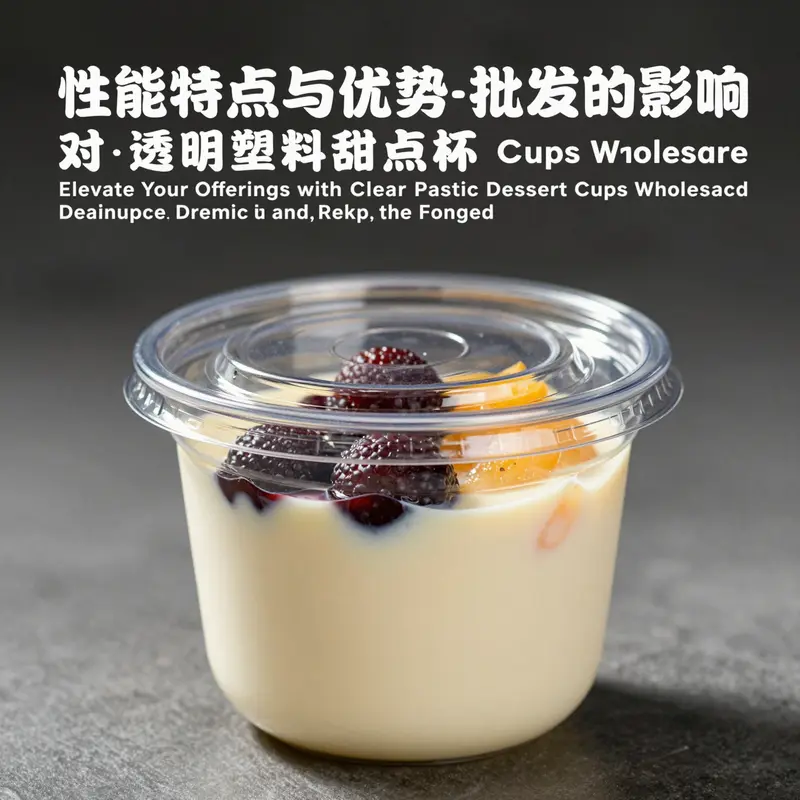 An array of clear plastic dessert cups displaying various capacities and applications in a food service setting.