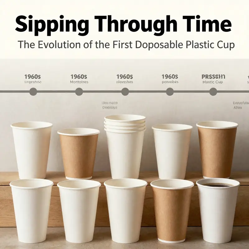 A visual timeline of disposable cup innovations, from the 1960s to the modern era.