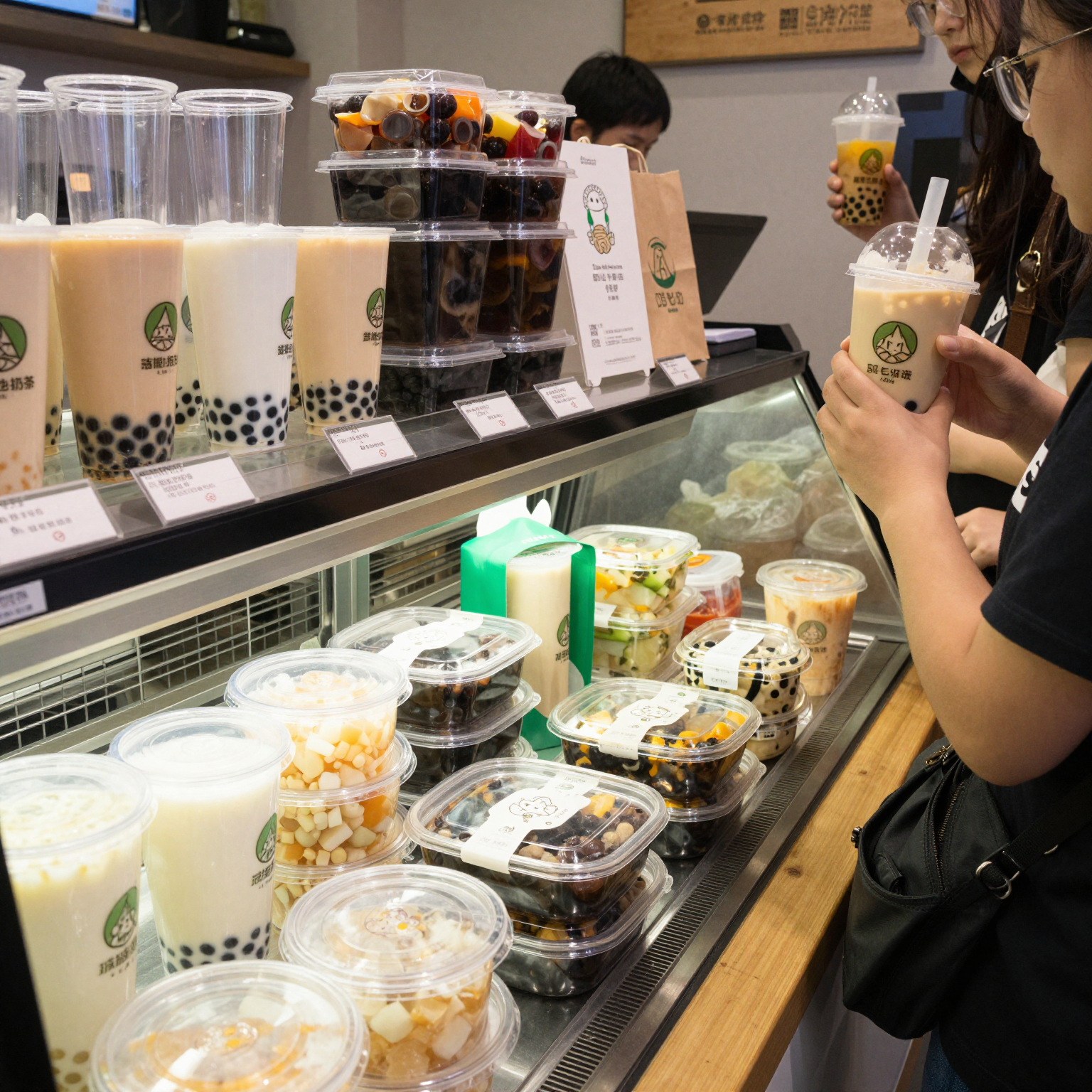 Food transport containers in use at a bubble tea shop
