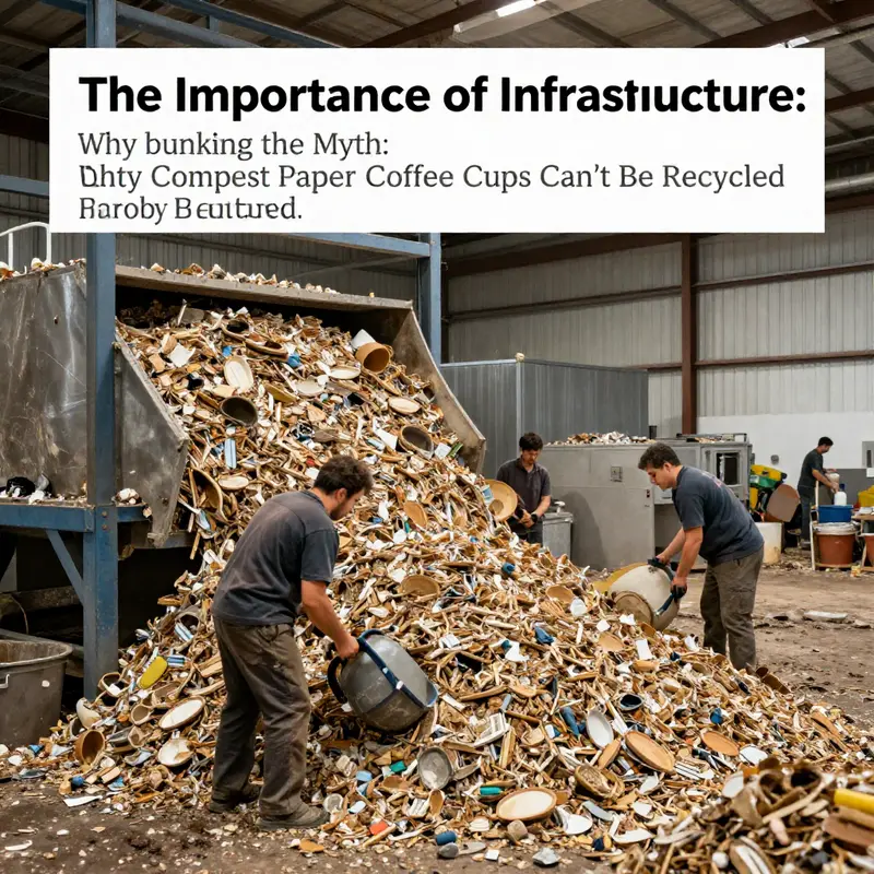 An illustration of the confusion surrounding the disposal methods for compost paper coffee cups.