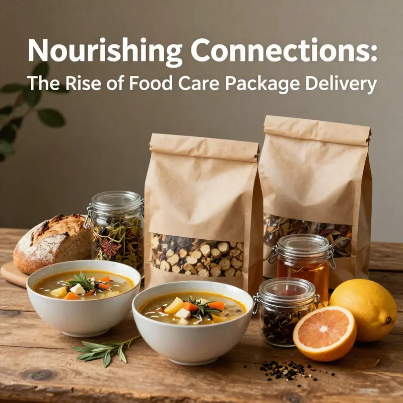 An artistically curated food care package showcasing a variety of comforting culinary delights.