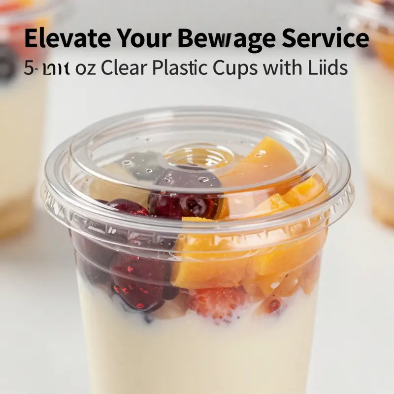 An assortment of 5 oz clear plastic cups with lids filled with delightful drinks and desserts.