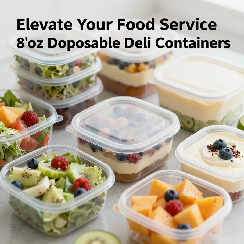 Assorted 8oz disposable deli containers filled with various food items, highlighting their key features and benefits.