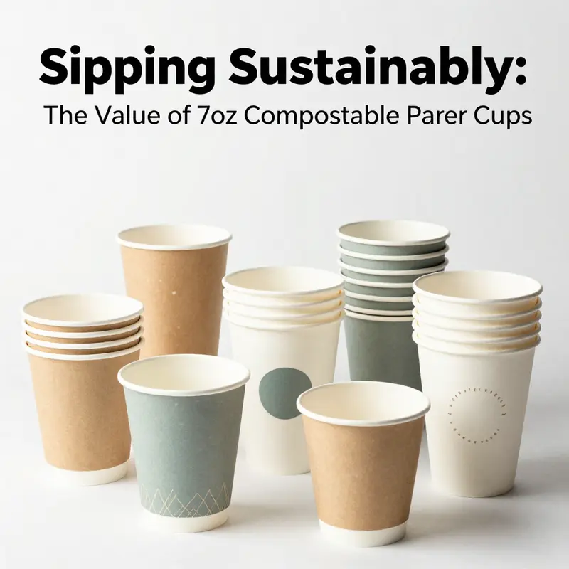 A diverse selection of 7oz compostable paper cups illustrating the various designs and features available for beverage businesses.