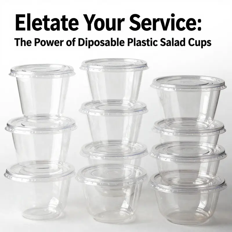 Showcasing the variety of sizes and designs of disposable plastic salad cups.