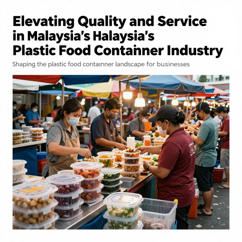 Panoramic view of a Malaysian market featuring food stalls and various plastic food containers, illustrating culinary diversity.